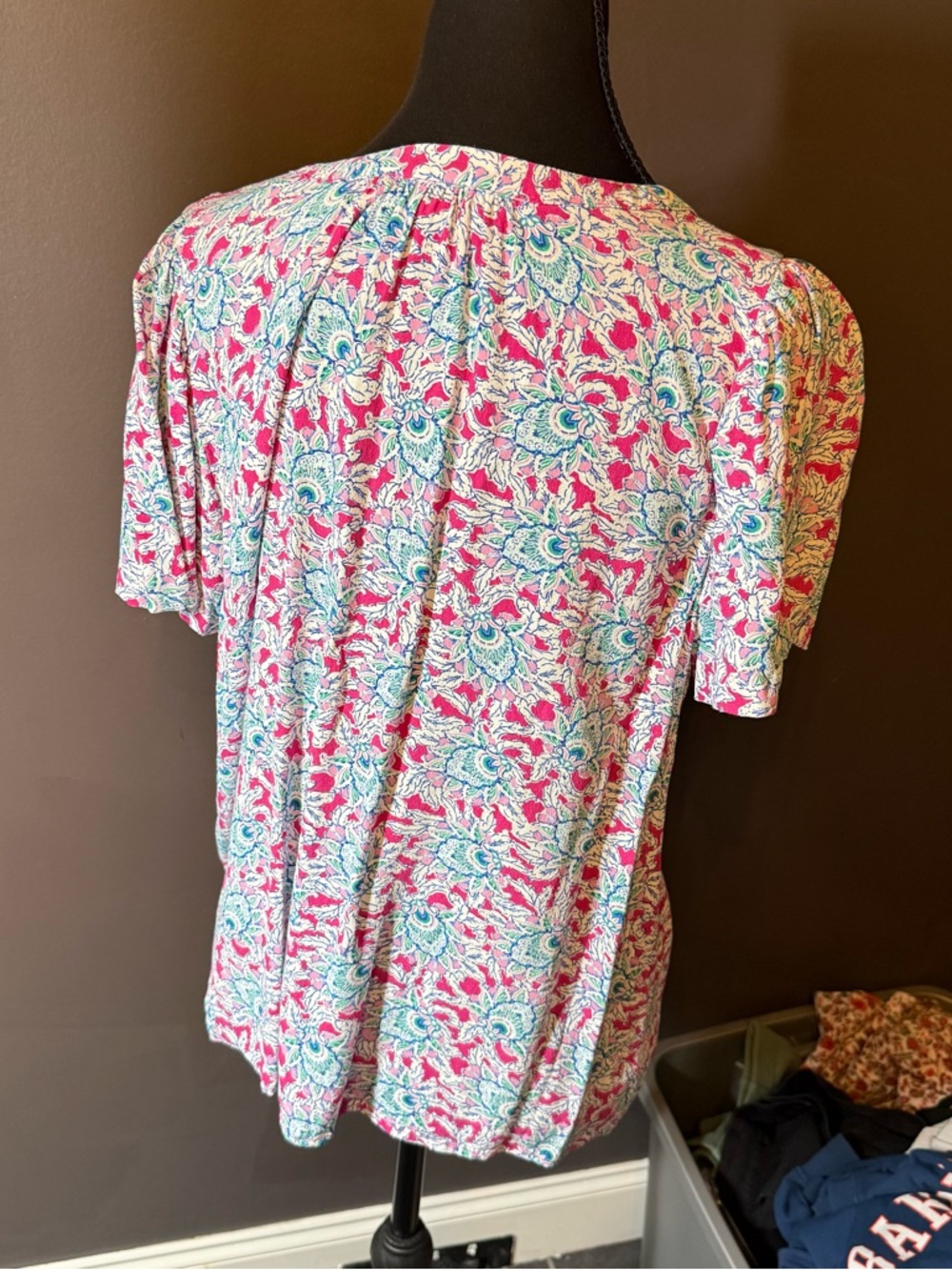 LOFT Pink and Teal Floral Button-Front Blouse - Picture 3 of 4